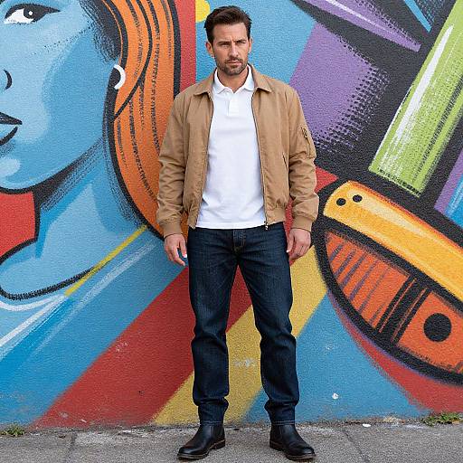 Photograph of a bearded man with dark hair, wearing a tan jacket, white shirt, black jeans, and black boots, standing in front of