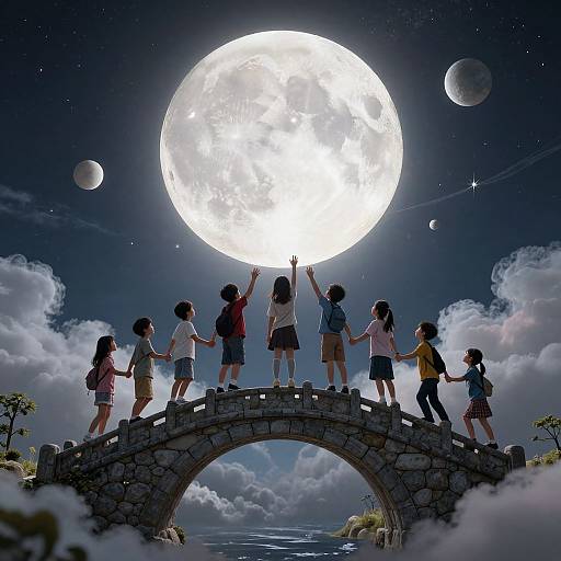 Children Reaching for Luminous Moon