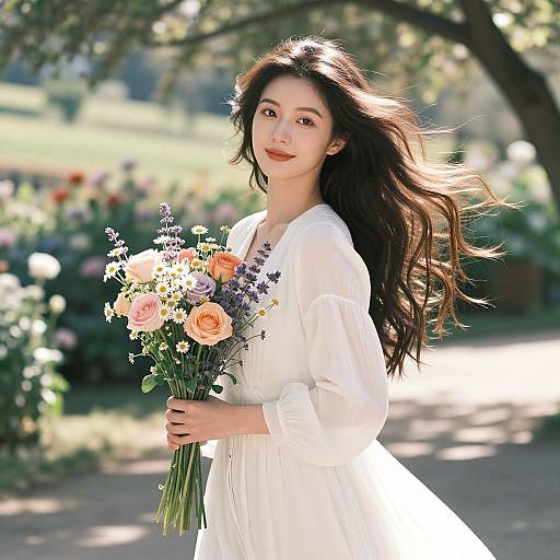 Photograph of an Asian woman with long, flowing brown hair, wearing a white, long-sleeved dress, holding a bouquet of pink, orange