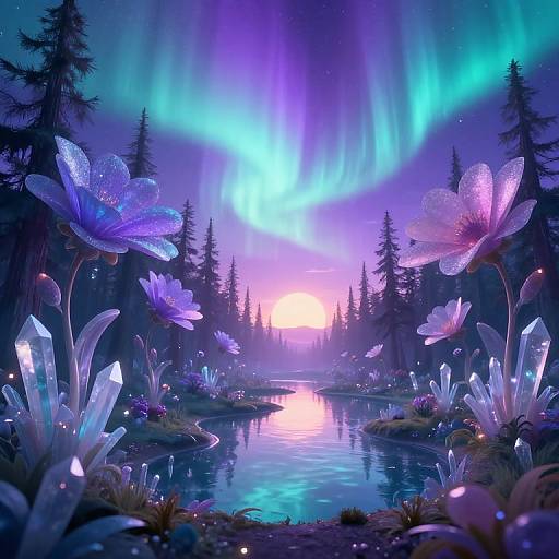 Digital artwork of a magical forest with glowing purple and blue auroras over a reflective river, surrounded by luminous, iridescent flowers and crystals.