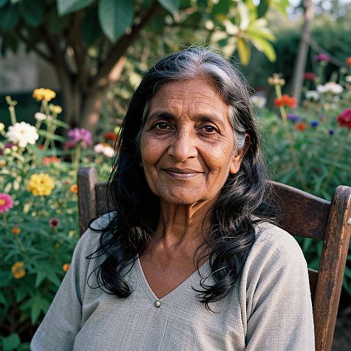 Photograph of an elderly Indian woman with long black hair, wearing a light gray blouse, smiling softly, seated in a garden with colorful flowers and green