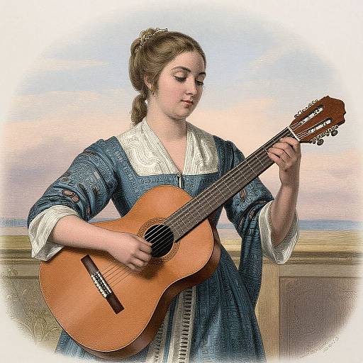 Digital painting of a young woman with brown hair in a bun, wearing a blue dress with white collar, playing an acoustic guitar against a pastel sky