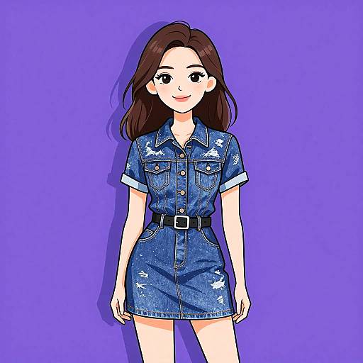 Digital anime-style drawing of a smiling young woman with long brown hair, wearing a blue, short-sleeved, distressed denim dress with a black belt