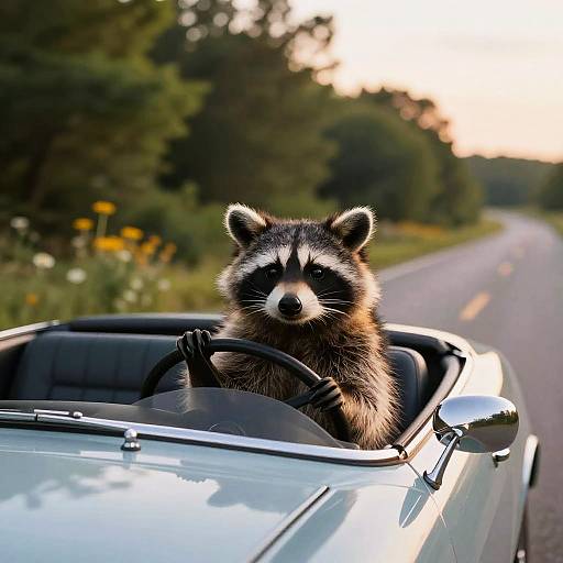 Photograph of a raccoon sitting in a silver convertible's driver seat on a deserted road, surrounded by greenery at sunset.