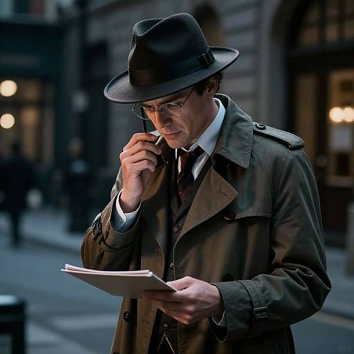 Photograph of a man in a brown trench coat, black fedora, glasses, and tie, speaking on a phone while holding a notebook, in