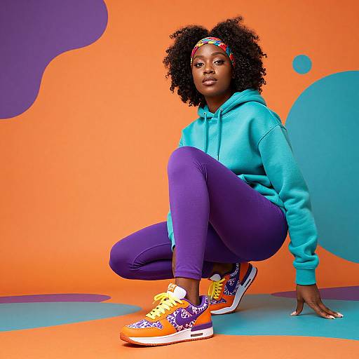 Photograph of a confident Black woman with curly hair, wearing a turquoise hoodie, purple pants, and orange sneakers, squatting against an orange and purple
