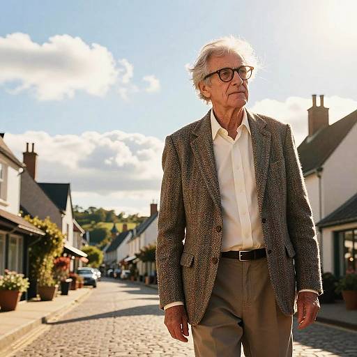 Photograph of an elderly white man with gray hair, glasses, wearing a brown tweed jacket, white shirt, and beige pants, walking down a