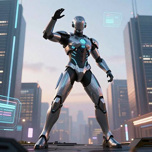 CGI image of a futuristic, glowing blue-armored robot standing confidently in a neon-lit, cyberpunk cityscape at sunset.