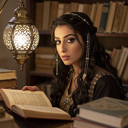 Photograph of a beautiful South Asian woman with long black hair, wearing ornate gold jewelry, reading a book under a glowing lantern in a dimly