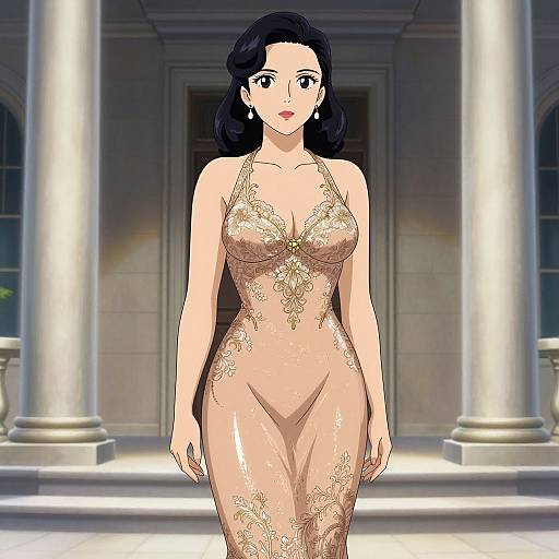 Digital anime-style drawing of a fair-skinned woman with black hair, wearing a sheer, gold-embroidered, form-fitting gown, standing