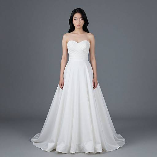 Photograph of a young woman with long black hair, wearing a strapless, white, satin wedding gown with a full skirt, standing against a gray