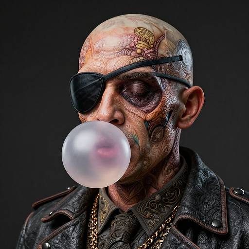 Tattooed bald man with eyepatch, blowing white bubble gum, wearing black leather jacket and chain, against dark background. Digital art.