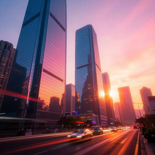Photograph of a cityscape at sunset, featuring tall, reflective skyscrapers with vibrant pink and orange sky, and light trails from moving cars on