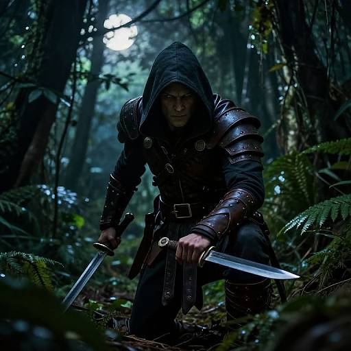 Photograph of a hooded, armored warrior in a dark forest, holding two daggers, with dense foliage and misty light filtering through the trees