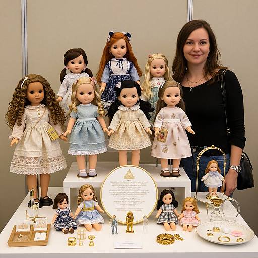 Photograph of a woman with brown hair, wearing black, standing beside eight dolls in various dresses, displayed on a white table with doll accessories and a