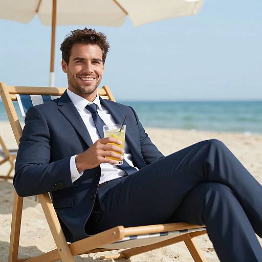 Photograph of a smiling, dark-haired man in a navy suit, white shirt, black tie, holding a glass of orange drink, relaxing on a