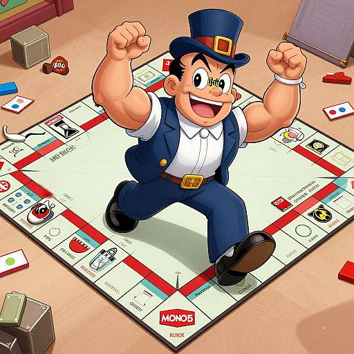 Digital cartoon of a muscular, smiling man in a blue suit and hat, triumphantly jumping on a Monopoly board with scattered game pieces.