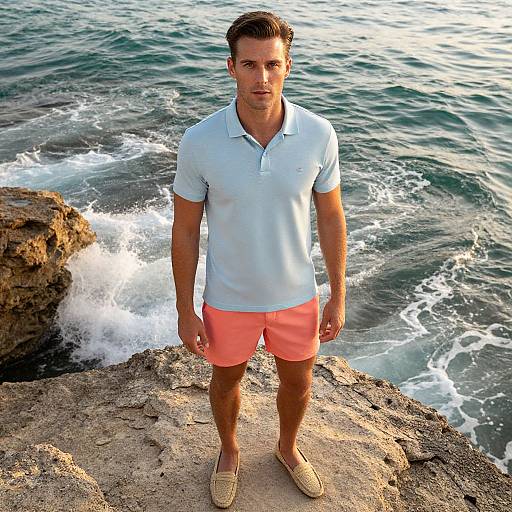 Photograph of a handsome, young Caucasian man with short brown hair, wearing a light blue polo shirt, coral shorts, and beige loafers, standing