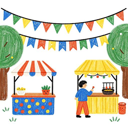 Colorful illustration of a market stall with a man in blue and red, yellow canopy, red and blue pennant banners, two trees, potted