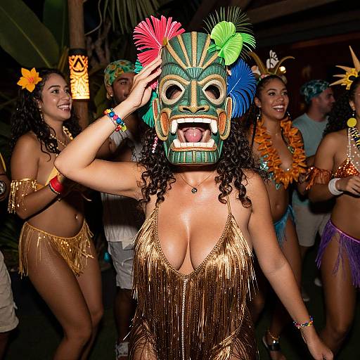 Photograph of a woman with curly black hair, wearing a colorful Mayan-style mask, gold fringe top, and beaded arm band, dancing with