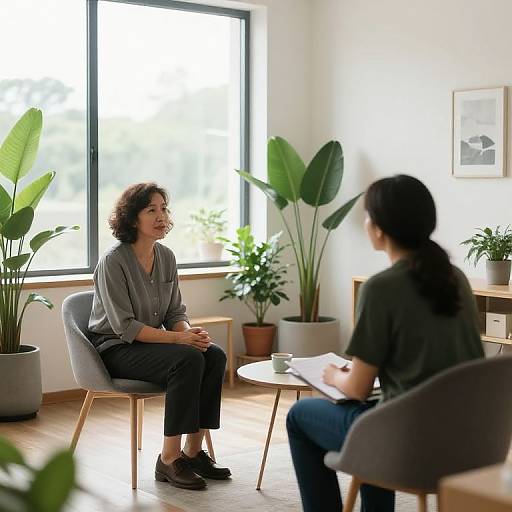 Photograph of a job interview in a bright, modern room with large windows, potted plants, and two seated women in casual attire.