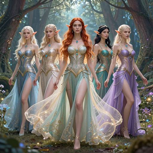 Ethereal Female Elves in Enchanted Forest