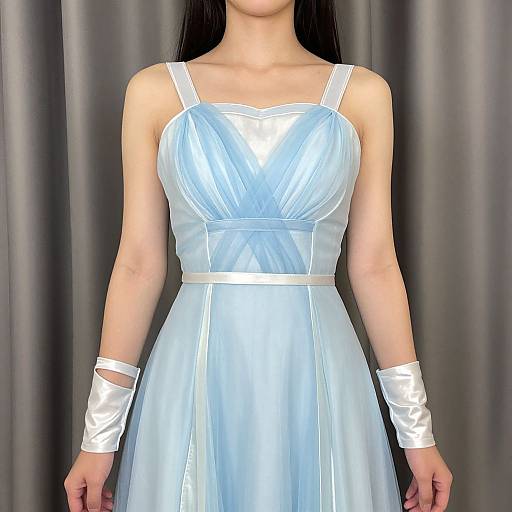 Photograph of a woman in a shimmering light blue, sleeveless gown with white straps and wristbands, standing against gray curtains.