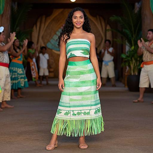 Photograph of a smiling Black woman with long curly hair, wearing a green and white striped strapless top and skirt with fringe, standing on a stage