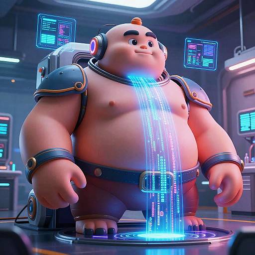 CGI image of a chubby, smiling, anthropomorphic robot with blue neon light stream, cybernetic armor, and floating screens in a futuristic lab