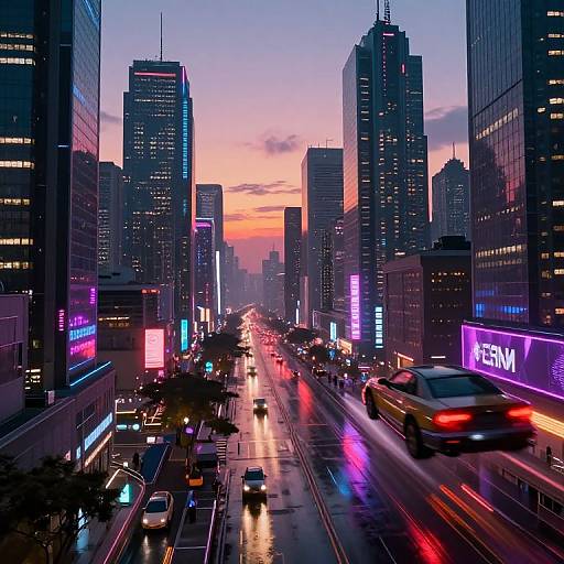 Photograph of a vibrant, neon-lit urban street at sunset, with towering skyscrapers, colorful billboards, and blurred car lights on a