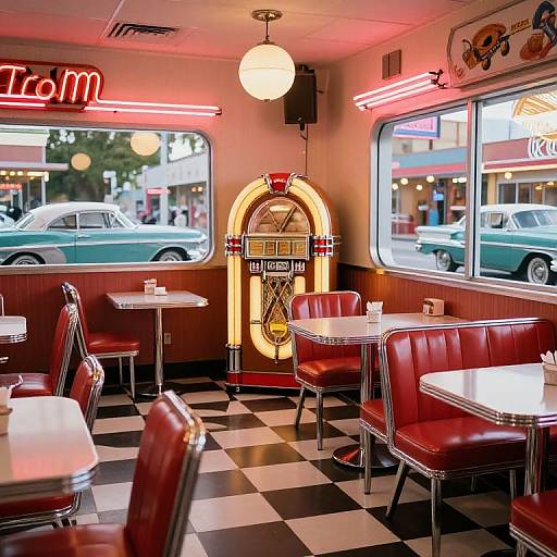Photograph of a retro 1950s diner with red leather booths, black-and-white checkered floor, neon signs, vintage car outside, and