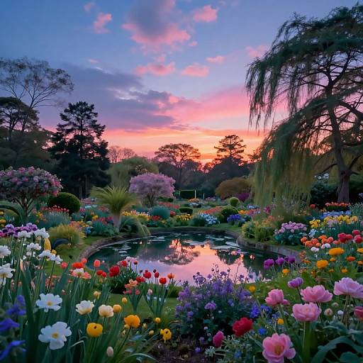 Photograph of a vibrant garden at sunset, featuring a colorful array of flowers, a reflective pond, and a pink-orange sky.