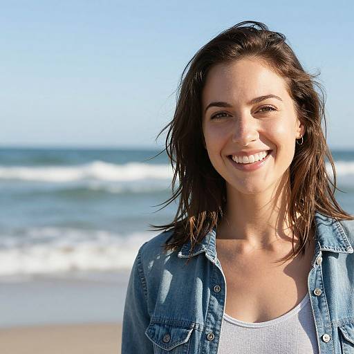 Photograph of a smiling young woman with medium-length dark hair, wearing a denim jacket over a white tank top, standing on a sunny beach with waves