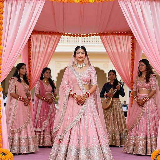 Photograph of five Indian brides in pink and gold traditional lehengas, standing under a pink curtain adorned with marigolds, in a wedding setting