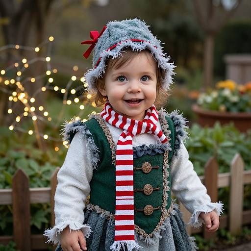 Photograph of a smiling toddler in a festive, frayed blue dress, red striped scarf, and gray hat with red bow, standing in a garden