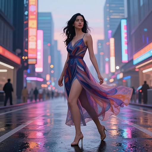 Photograph of a confident Asian woman with long black hair, wearing a flowing, colorful dress and high heels, walking on a wet, neon-lit
