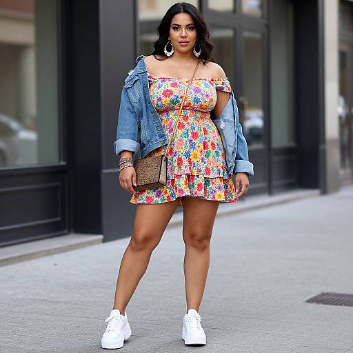 Photograph of a curvy woman with dark hair, wearing a colorful floral off-shoulder dress, denim jacket, white sneakers, and large earrings