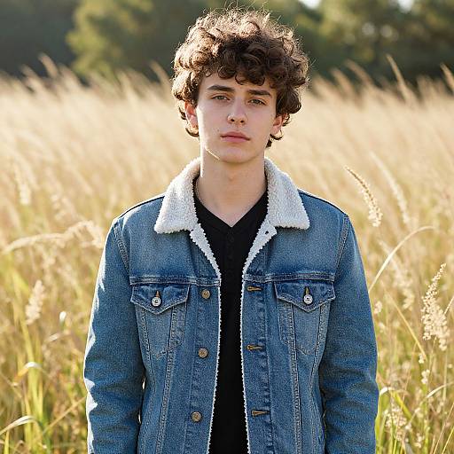 Photograph of a young, curly-haired, Caucasian boy with fair skin, wearing a blue denim jacket with white faux fur collar, standing in a sun