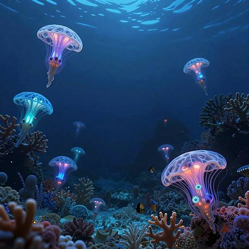 Photograph of a vibrant underwater scene with glowing blue and pink jellyfish floating among colorful coral reefs, illuminated by sunlight from above.