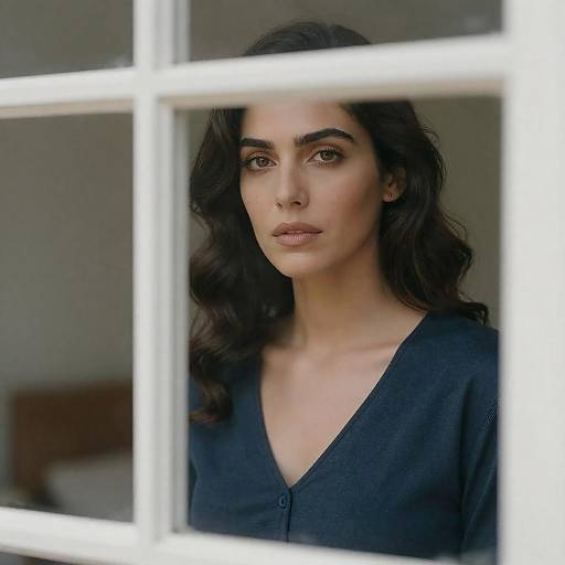 Serious Woman Gazing Through a Window