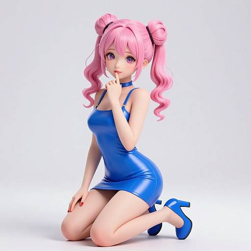Digital anime-style illustration of a pink-haired girl with twin buns, wearing a tight blue latex dress and matching heels, kneeling on white background, finger