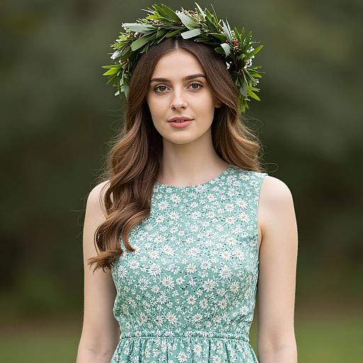 Woman in Green Floral Dress with Wreath