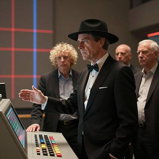 Businessman Gesturing at Control Panel