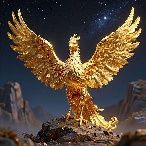 Glowing gold phoenix with expansive wings stands on rocky mountain under starry night sky, detailed digital art with rich textures.
