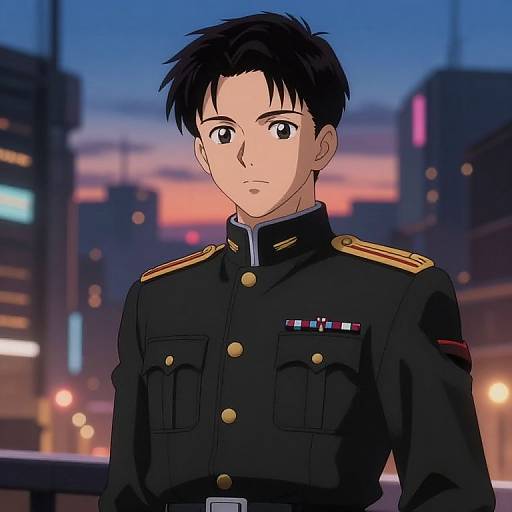 Digital anime-style drawing of a serious young male military officer in a black uniform with gold buttons and medals, standing in a cityscape at dusk.