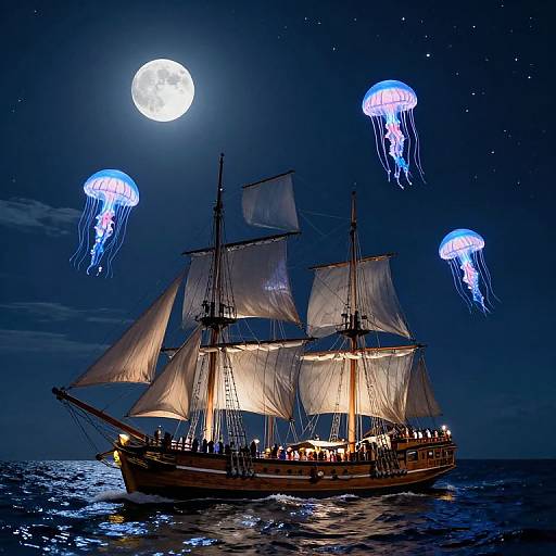 Photograph of a illuminated wooden ship with white sails at night, surrounded by glowing blue jellyfish under a full moon.