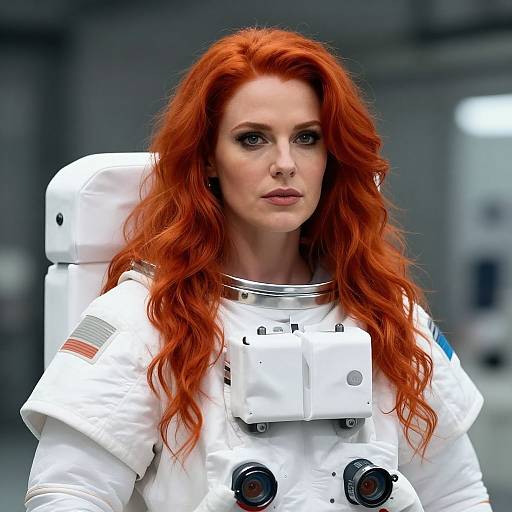 Photograph of a serious-looking red-haired woman with wavy hair, wearing a white astronaut suit with patches and an American flag, set against a blurred