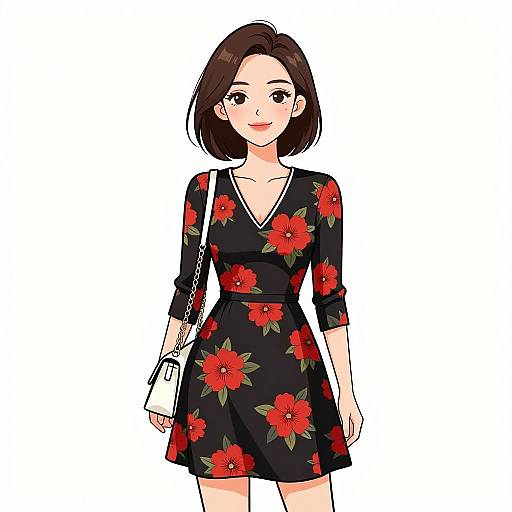 Smiling Woman in Black Red Floral Dress