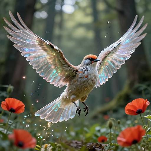 Photograph of a small bird with iridescent wings, mid-flight, surrounded by glowing sparkles above vibrant red poppies in a lush forest.