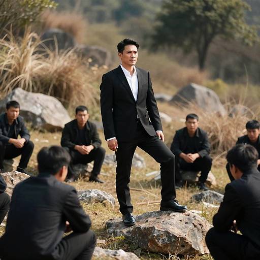 Man in Suit on Rocky Hillside